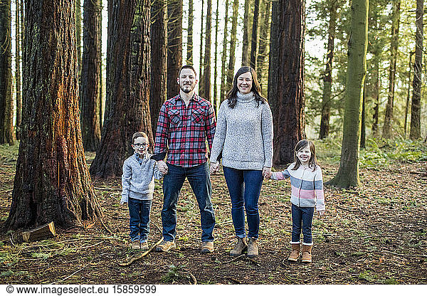 Family holding hands  standing in forest.