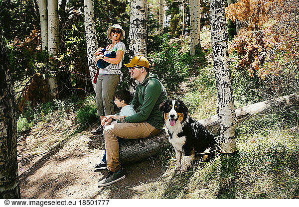 Family sitting outside in the forest with a dog happy in nature