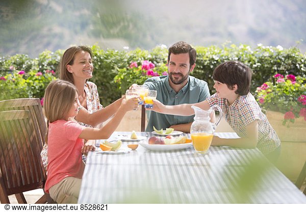 Family toasting orange juice glasses at table in garden