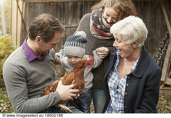 Family with chickens bird sitting in poultry farm  Bavaria  Germany