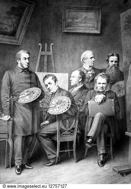 FAMOUS ARTISTS. Fictitious group portrait of famous British artists. From left: J.M.W. Turner  David Wilkie  J.E. Millais  Edwin Henry Landseer  William Powell Frith  and Holman Hunt. Lithograph  19th century.