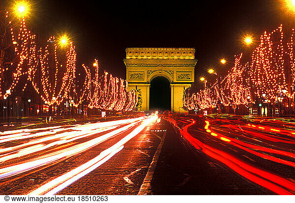 Famous Champs Elysees and Arc de Triomphe. Paris  France
