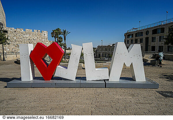 Famous I love Jerusalem art sculpture near the protection wall in Israel
