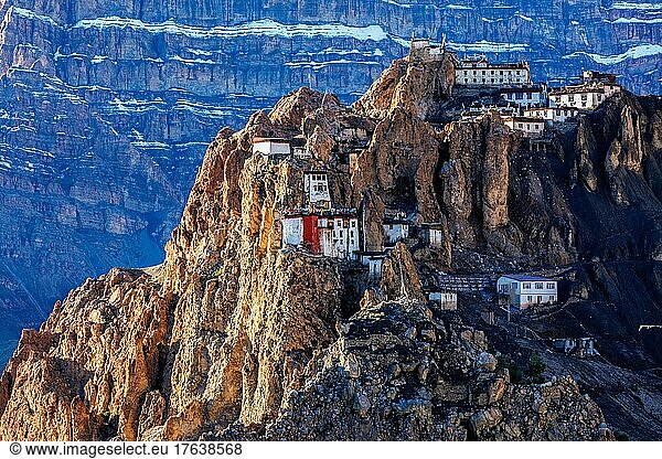Famous indian tourist landmark Dhankar monastry perched on a cliff in Himalayas. Dhankar  Spiti Valley  Himachal Pradesh  India  Asia