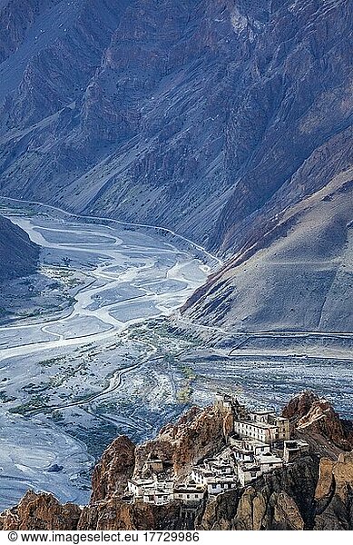 Famous indian tourist landmark Dhankar monastry perched on a cliff in Himalayas. Dhankar  Spiti Valley  Himachal Pradesh  India  Asia