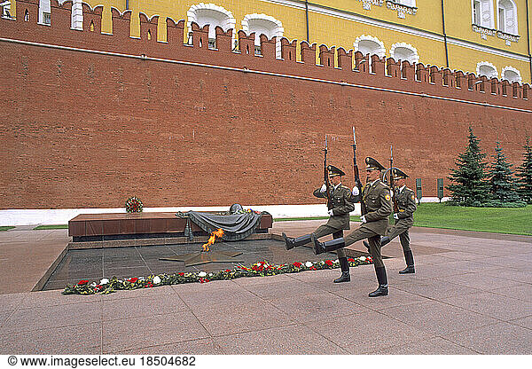 Famous Kremlin Wall Unknown Soldiers Flame Alexander Garden at Red Square in Moscow Russia