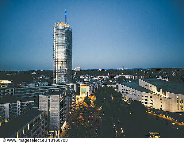 Famous Tower and Aalto Theater in Essen at dusk
