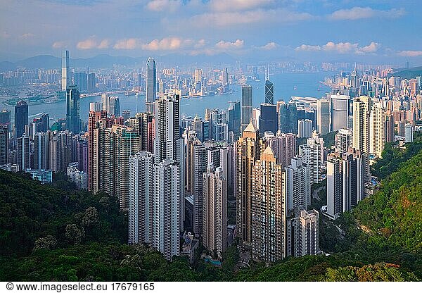 Famous view of Hong Kong  Hong Kong skyscrapers skyline cityscape view from Victoria Peak on sunset. Hong Kong  China  Asia