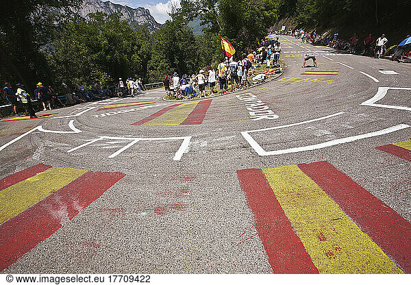 Fans Write Cyclists Names On The Road In Support At The Tour De France; Pyrenees  France