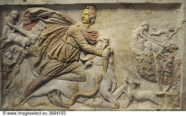 Farbiges Relief des Mithras im Thermenmuseum  Museo Nazionale Romano  Rom  Latium  Italien  Europa
