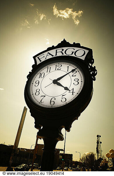 Fargo clock at the train depot.