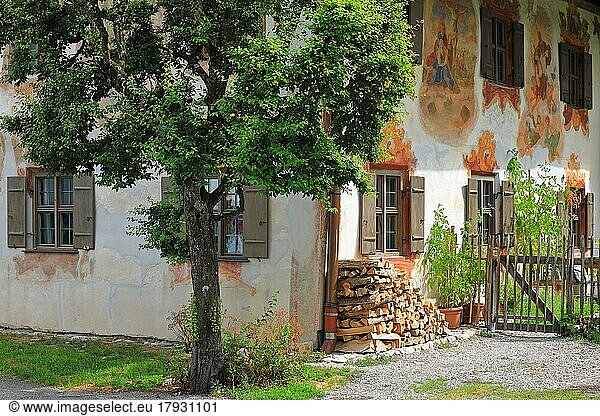 Farmhouse  Lüftlmalerei  shutters  garden  garden fence  tree  firewood  Oberammergau  Upper Bavaria  Bavaria  Germany  Europe