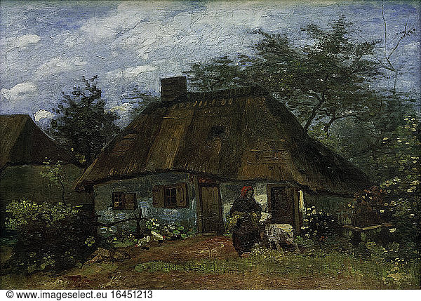 Farmhouse with woman and goat
