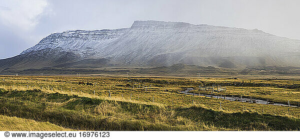 Farmlands in western Iceland with mountains behind