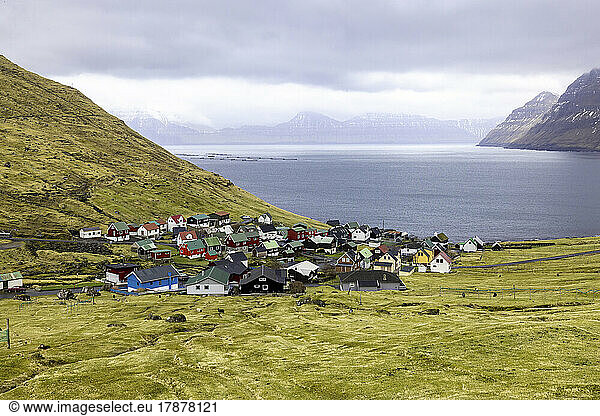 Faroe Islands  Eysturoy  Funningur  Secluded fishing village with fjord in background
