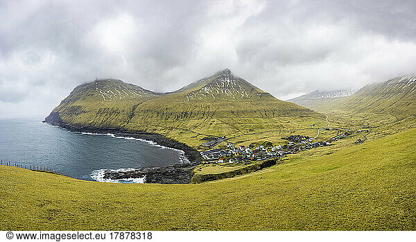 Faroe Islands  Eysturoy  Gjogv  Panoramic view of secluded fishing village