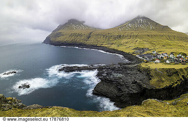 Faroe Islands  Eysturoy  Gjogv  View of secluded fishing village on Atlantic coast