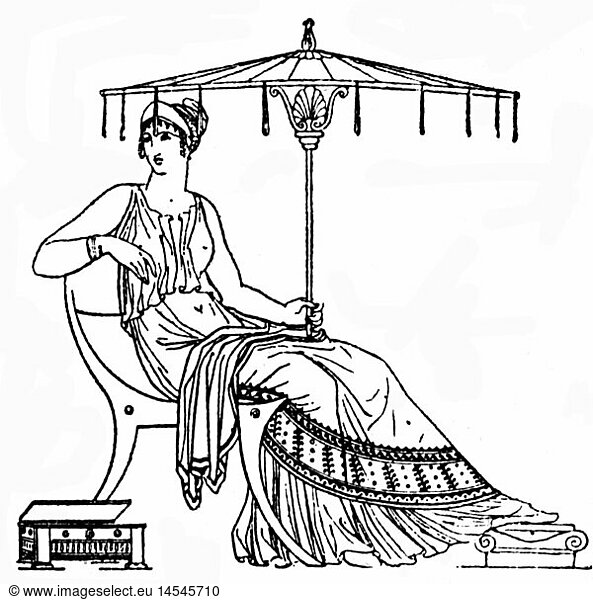 fashion  accessories  Greek lady with shade  wood engraving  19th century  19th century  ancient world  ancient times  Greece  graphic  graphics  shade  shades  sunshade  sunshades  full length  sitting  sit  chair  chairs  accessories  accessory  Greek  Grecian  lady  ladies  historic  historical  woman  women  female  people  ancient world