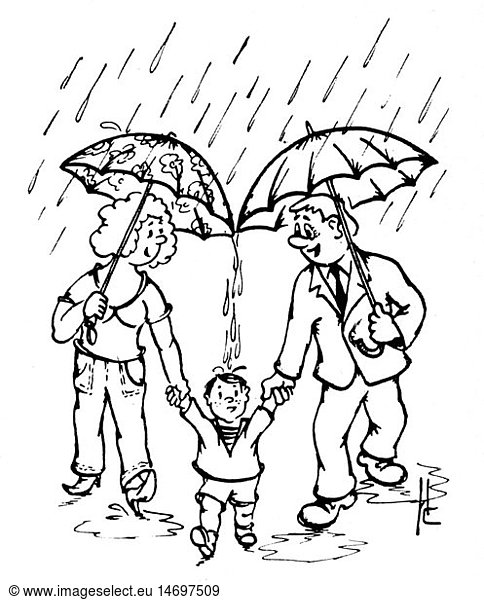 fashion  accessories  parents and child in rain  drawing by I.Surovcev  out of: 'Sovetsky Soyuz'  issue 11  1987