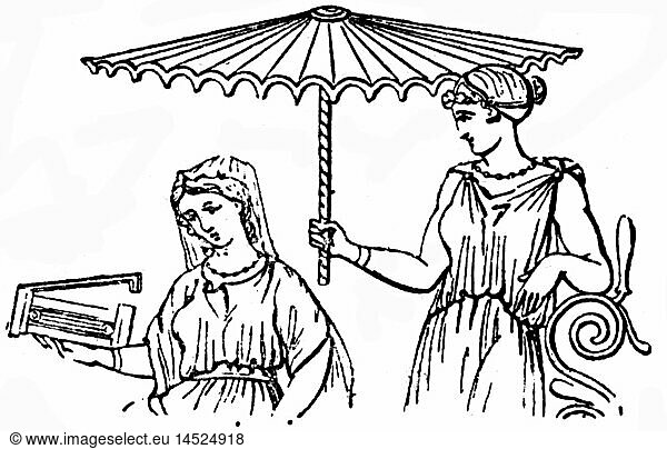 fashion  accessories  Roman lady with shade  wood engraving  19th century  19th century  ancient world  ancient times  Roman Empire  Rome  graphic  graphics  shade  shades  sunshade  sunshades  half length  standing  sitting  sit  accessories  accessory  lady  ladies  historic  historical  woman  women  female  people  ancient world