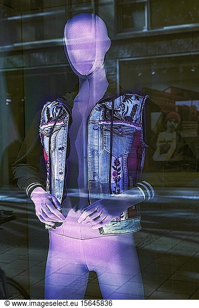 Fashion doll with jeans jacket in shop window  Munich  Upper Bavaria  Bavaria  Germany  Europe