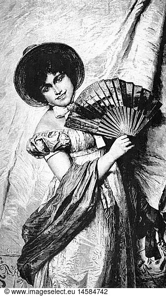 fashion  fans  young woman with fan  after painting by Giovanni Costa (1833 - 1902)  engraving  19th century  19th century  graphic  graphics  ladies' fashion  accessory  accessories  fan  fans  half length  clothes  outfit  outfits  hat  hats  dress  dresses  stole  holding  hold  smiles  smiling  smile  fashion for women  women's clothing  headpiece  headpieces  woman  women  historic  historical  woman  women  female  people