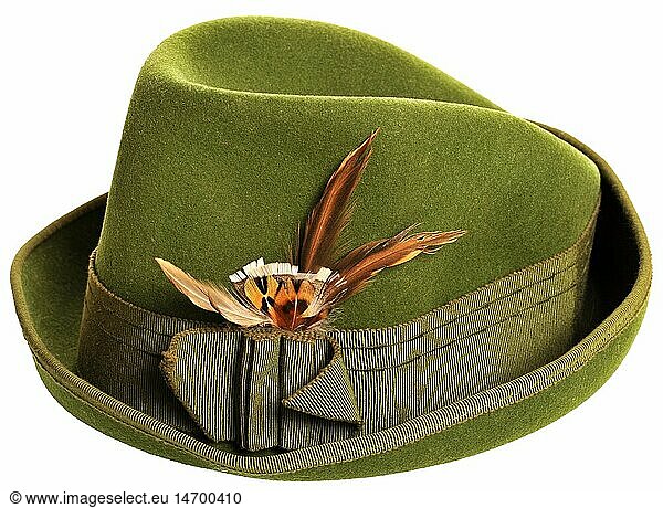 fashion  hat  made by: MM Mayser Milz 1833  Germany  circa 1959  hat  hats  green  master model  hat badge  hat pin  hat fashion  hatband  hatbands  old-fashioned  old fashioned  oldfashioned  demode  still  clipping  cut out  cut-out  cut-outs  1950s  50s  hat drappings  decoration  decorated  plume  feathers  hat feather  20th century  historic  historical  1960s
