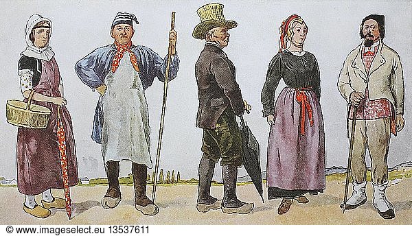 Fashion  historical clothes  folk costumes in France  around the 19th century  illustration  France  Europe
