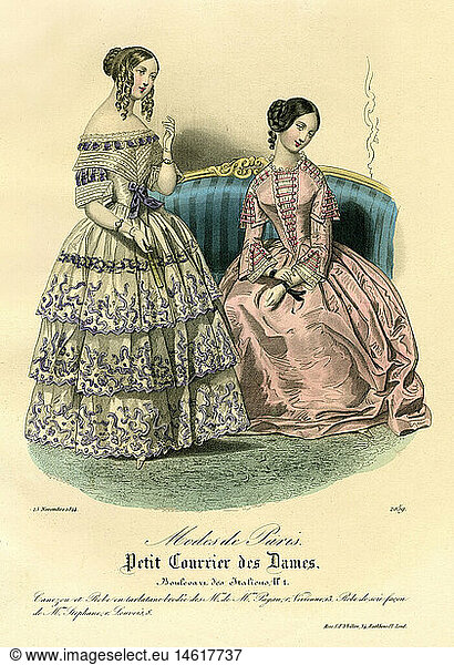 fashion  ladies' fashion  Paris fashion  two ladies  out of the fashion magazine 'Le Petit Courrier des Dames'  coloured copper engraving  France  1844