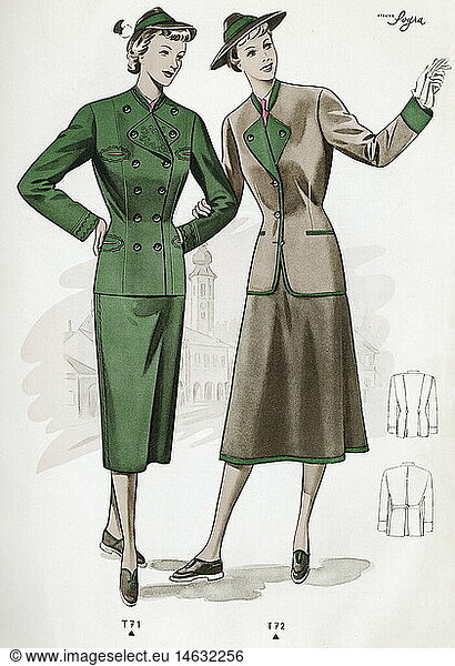 fashion  1950s  clothes  clothing  ladies' fashion  traditional coats and skirts from Austria for women  illustration from: 'Trachtenmodelle fuer Damen und Herren'  No. 2  Vienna  Austria  circa 1950