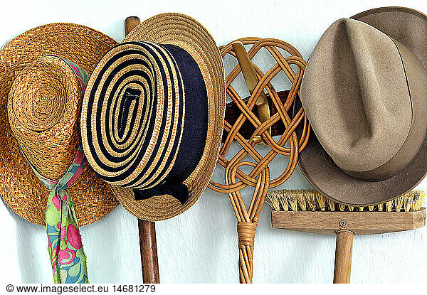 fashion  1970s  hats  several hats  Germany  circa 1965  1970  1970s  70s  20th century  historic  historical  clothes  wardrobe  hat  strawhat  carpet beater  carpet beaters  still  mop  mops  1960s