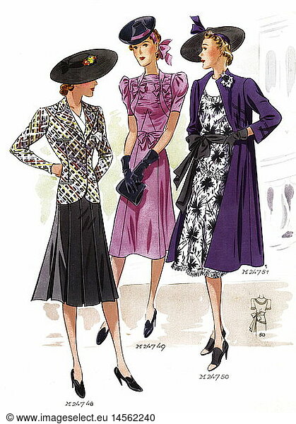 fashion  1930s  ladie's fashion  elegant fashion  1930s  30s  20th century  historic  historical  three mannequin  model  fashion model  mannequins  models  fashion models  ladie's suit with pleated skirt  pleated skirts  youthful  juvenile  summer dress  dresses  pastel  hat  hats  dress with printed and white Marocain  with pleats  pleating  pattern  patterns from magazine  elegance  beauty  people  nostalgia  woman  women  female