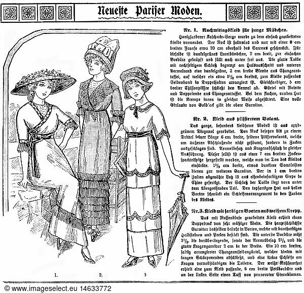 fashion  1910s  ladies' fashion from Paris  wood engraving  out of: 'Das Neue Blatt'  Leipzig  1912