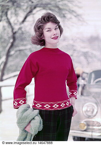 fashion  1950s  ladies' fashion  woman wearing red pullover