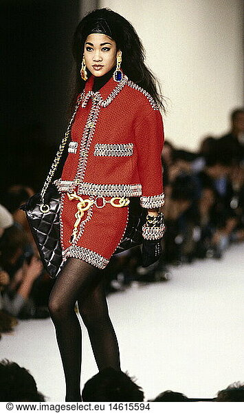 fashion  1990s  mannequin  half length  wearing red costume  catwalk  autumn winter  Pret-a-porter  by Chanel  Paris  1991  90s