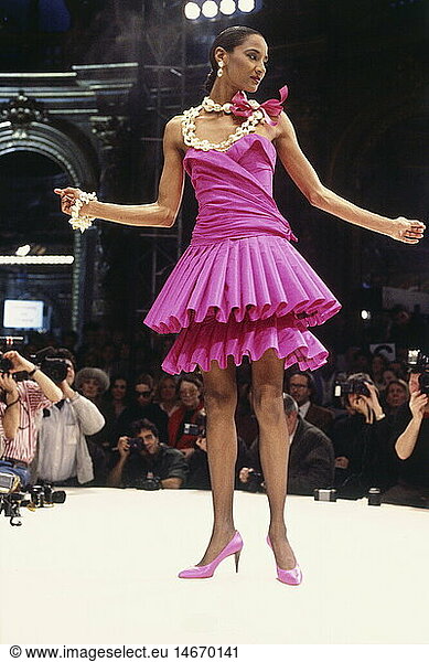 fashion  1980s  mannequin  wearing dress  half length  on catwalk  Haute Couture  spring summer  by Christian Dior  Paris  1984