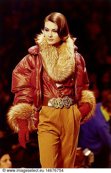 fashion  1990s  mannequin  wearing fed jacket  with fur trimming  catwalk  Haute Couture  autumn winter  by Christian Dior  Paris  1992/1993