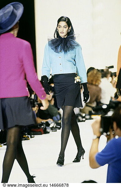 fashion  1990s  mannequin  wearing jacket and mini-skirt  full length  catwalk  spring summer  Pret-a-porter  by Chanel  Paris  1990  90s