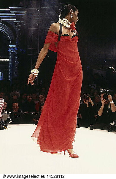 fashion  1980s  mannequin  wearing red dress  full length  on catwalk  Haute Couture  spring summer  by Christian Dior  Paris  1984