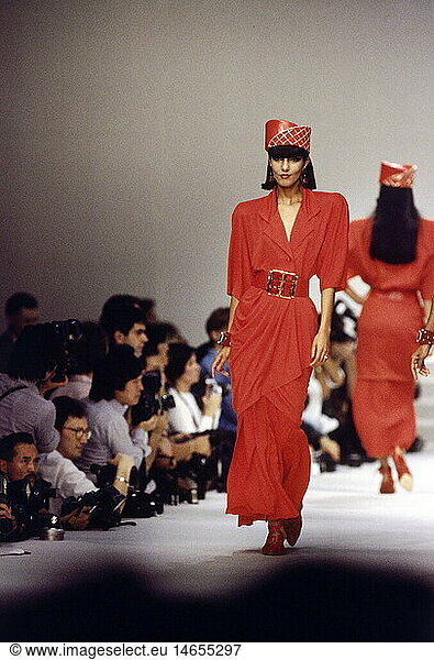 fashion  1980s  mannequin  wearing red dress  full length  on catwalk  pret-a-porter  spring summer  by Christian Dior  Paris  1986