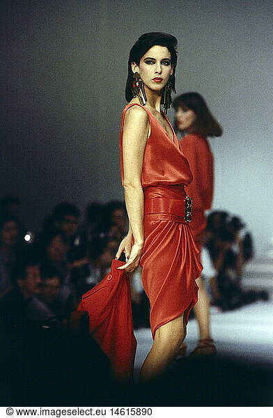 fashion  1980s  mannequin  wearing red dress  half length  on catwalk  pret-a-porter  spring summer  by Christian Dior  Paris  1986