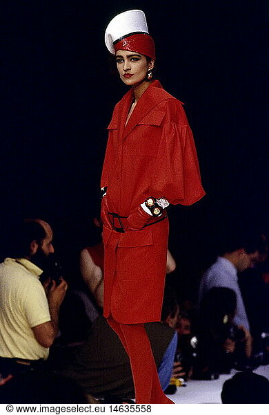 fashion  1980s  mannequin  wearing red dress  half length  on catwalk  pret-a-porter  spring summer  by Christian Dior  Paris  1986