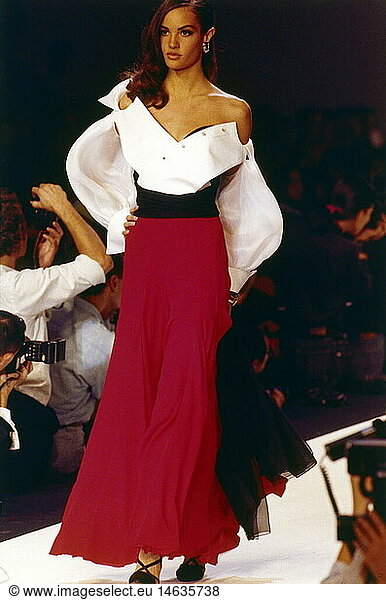 fashion  1990s  mannequin  wearing white blouse and red skirt  half length  catwalk  pret-a-porter  spring summer  by Christian Dior  Paris  1992