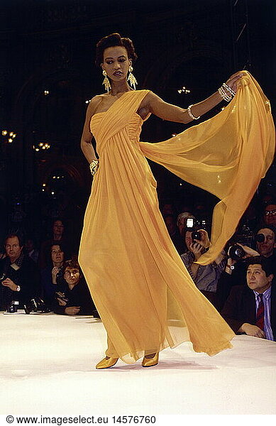 fashion  1980s  mannequin  wearing yellow dress  full length  catwalk  spring summer  by Christian Dior  1989