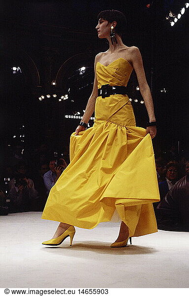 fashion  1980s  mannequin  wearing yellow dress  half length  on catwalk  Haute Couture  spring summer  by Christian Dior  Paris  1986