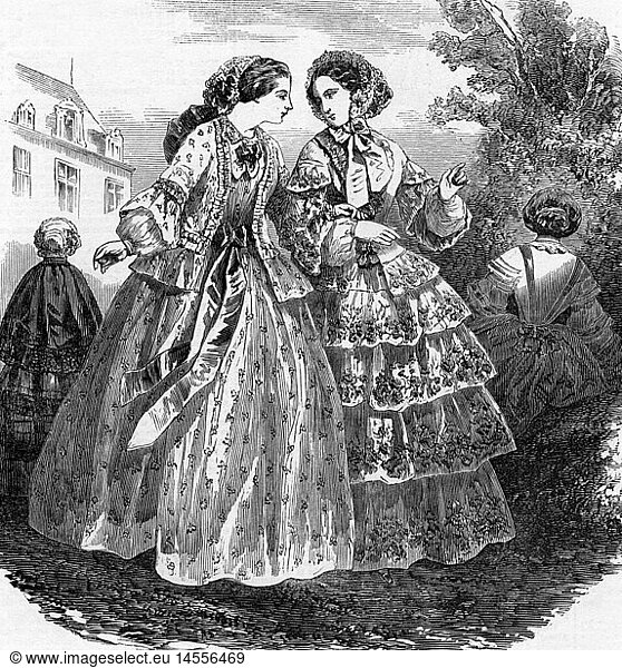 fashion  19th century  ladies fashion  France  summer dresses  wood engraving from a British magazine  August 1870