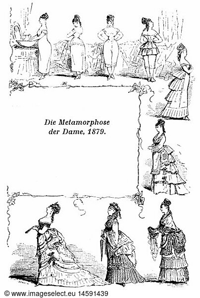fashion  19th century  ladies fashion  Germany  'Die Metamorphose der Dame' ('The Metamorphosis of the Lady')  drawing  1879