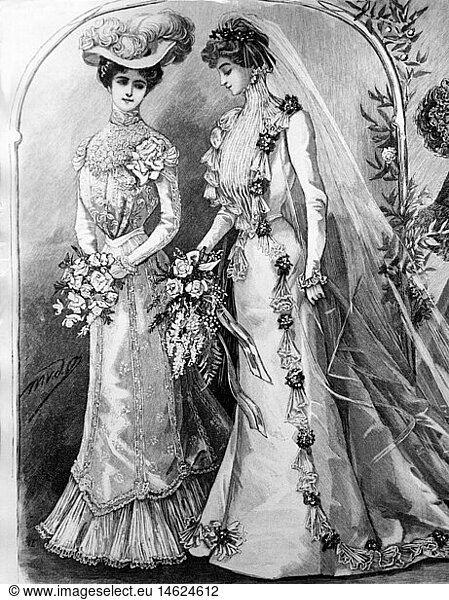 fashion  19th century  ladies fashion  Germany  dresses for bride and bridesmaid  wood engraving  circa 1895
