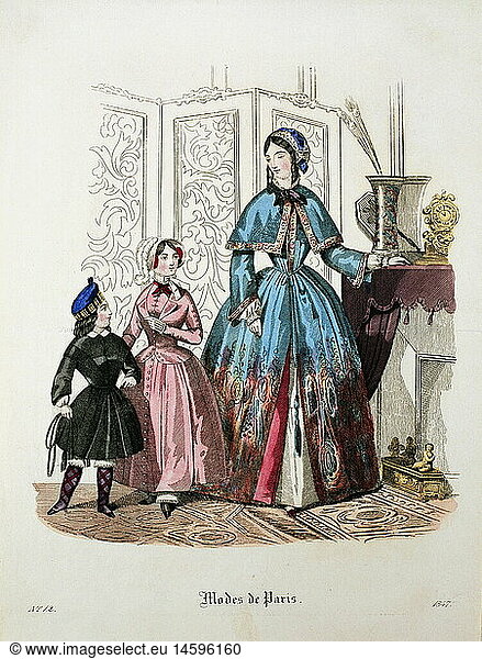fashion  19th century  ladies fashion  three ladies  children  engraving  circa 1840