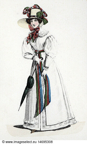 fashion  19th century  woman in dress with hat and shade  coloured engraving  Vienna  1825